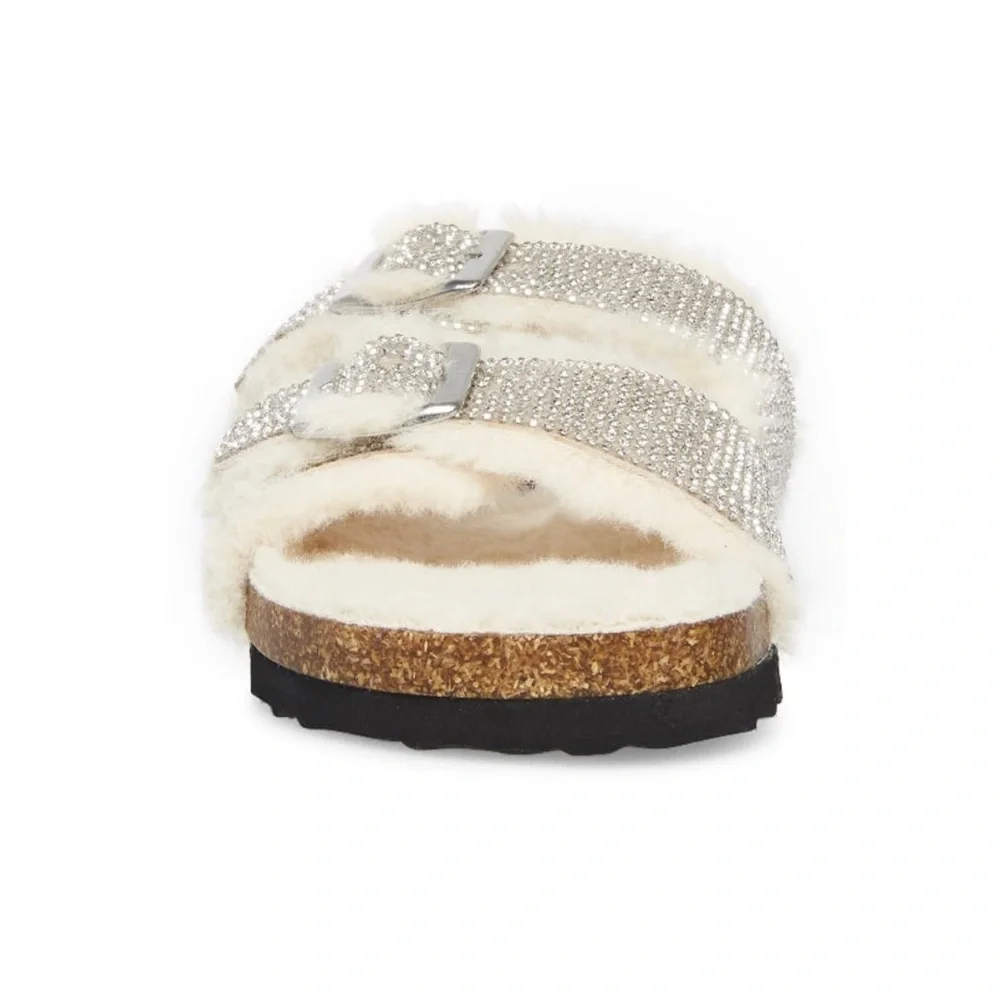 Steve Madden Jleena Rhinestone Faux Fur Double Strap Slip On Slide Girls 3 5W - Picture 3 of 8